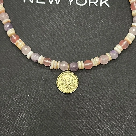 NWT Coach Rexy Coin Beaded Choker Necklace Gem Stone Charm Adjustable Dinosaur - Picture 6 of 10